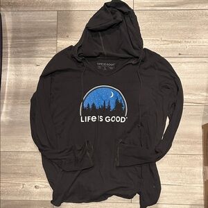 Life Is Good Black Hoodie with Blue Night Sky Graphic